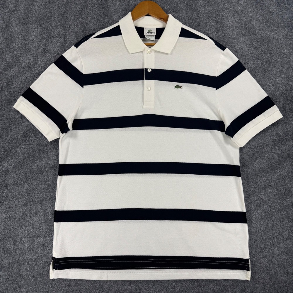 Lacoste Vintage Striped Polo Shirt Men Size 7 (Fits XL) White Blue Cotton Pique